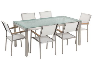 Ensemble table en verre effet brisé avec 6 chaises blanches GROSSETO