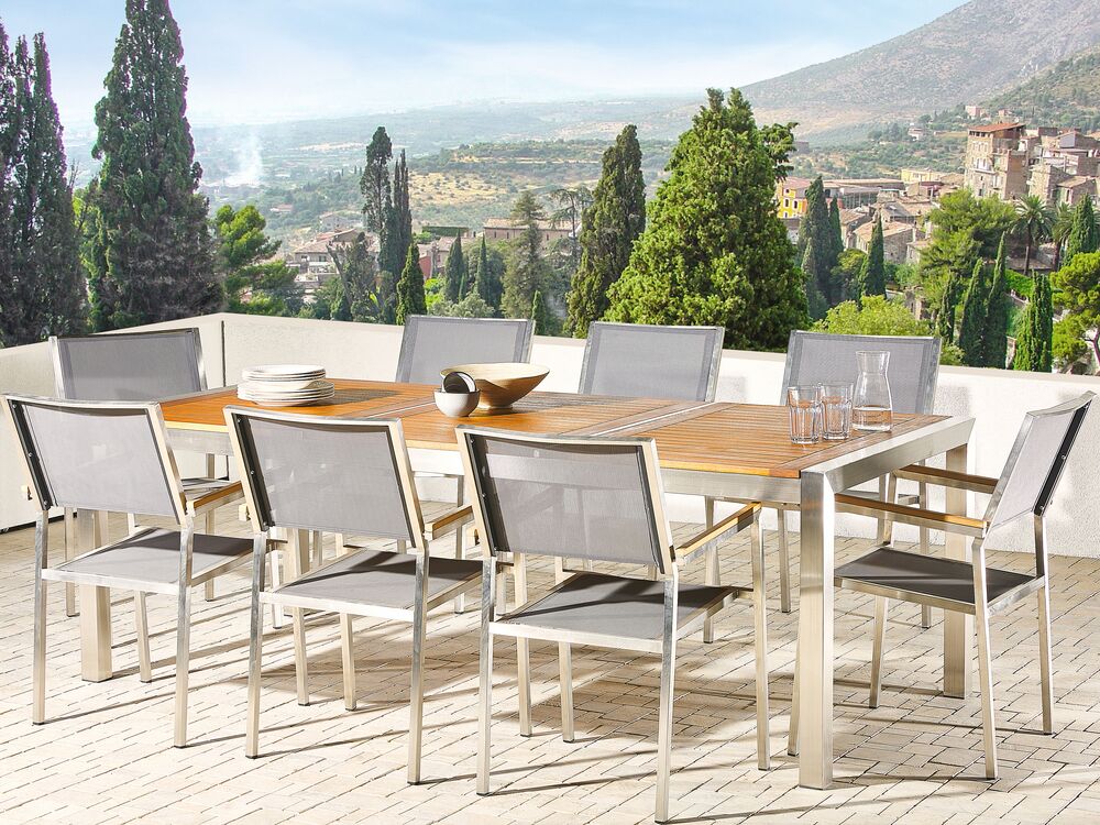 8 Seater Garden Dining Set Eucalyptus Wood Top With Grey Chairs Grosseto Ex Factury At Fair Right To Return Within 100 Days 8 Seater Garden Dining Set Eucalyptus, Eucalyptus Outdoor Furniture