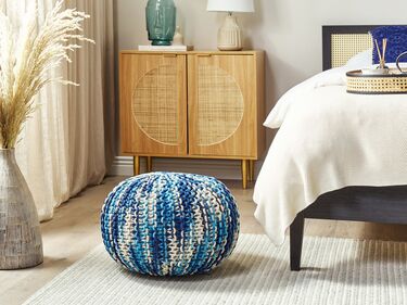 Cotton Knitted Pouffe 50 x 35 cm White and Blue CONRAD