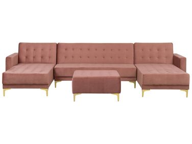 Sofá en forma de U 5 plazas de terciopelo rosa/dorado con otomana ABERDEEN