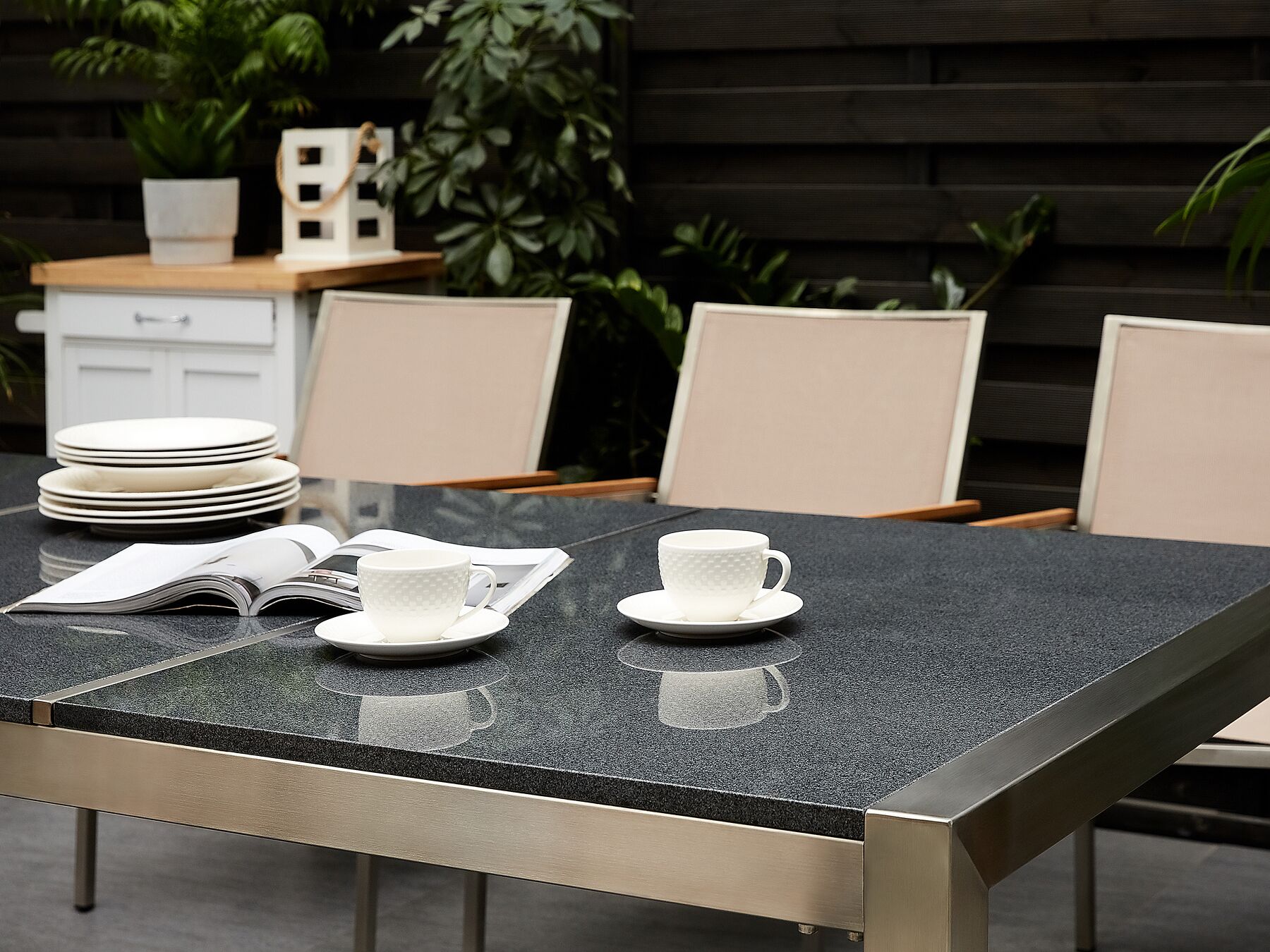 Conjunto de jardín mesa con tablero de piedra natural gris pulido 220
