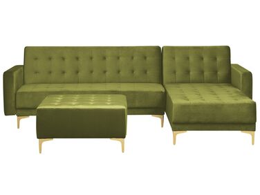 Canapé d'angle 4 places côté gauche en velours vert avec ottoman ABERDEEN