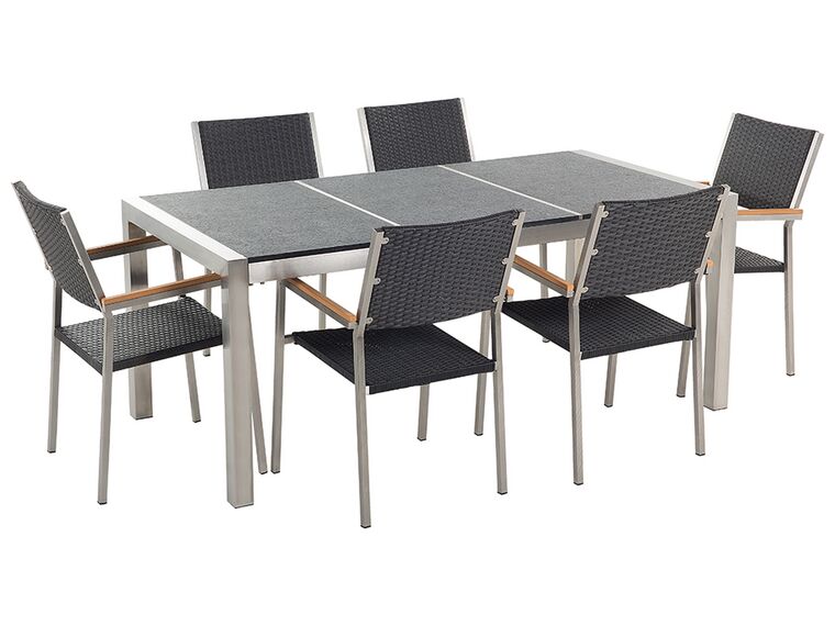 Conjunto de mesa com tampo triplo granito flameado preto 180 x 90 cm e 6 cadeiras rattan preto GROSSETO_465302