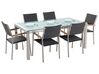 6 Seater Garden Dining Set Triple Plate Cracked Ice Glass Top with Black Rattan Chairs GROSSETO_725021
