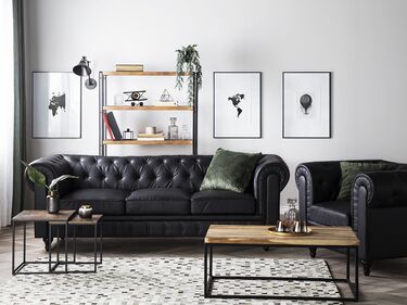 3-seters stor sofa kunstskinn svart CHESTERFIELD 