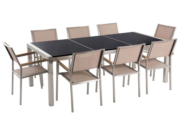 Nyolcszemélyes fekete osztott asztallapú étkezőasztal bézs textilén székekkel GROSSETO_378859
