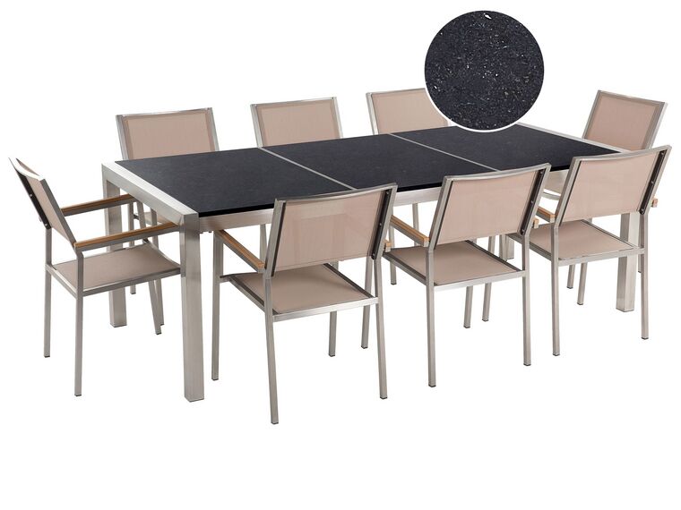 Conjunto de mesa com tampo triplo granito polido preto 220 x 100 cm e 8 cadeiras creme GROSSETO_378859