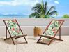 Set of 2 Acacia Folding Deck Chairs and 2 Replacement Fabrics Dark Wood with Off-White / Toucan Pattern ANZIO_819802