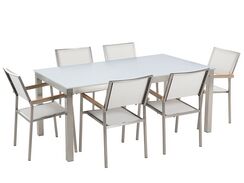 6-istuttava ulkoruokailuryhmä lasitaso tekstiilituolit valkoinen GROSSETO