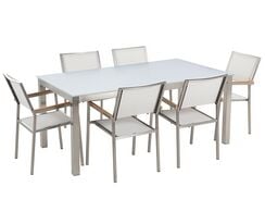 6-istuttava ulkoruokailuryhmä lasitaso tekstiilituolit valkoinen GROSSETO 6-istuttava ulkoruokailuryhmä lasitaso tekstiilituolit valkoinen GROSSETO