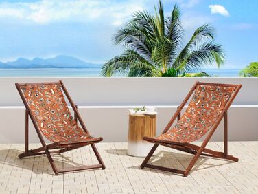 Set of 2 Acacia Folding Deck Chairs and 2 Replacement Fabrics Dark Wood with Off-White / Red Floral Pattern ANZIO