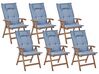 Sada 6 zahradních skládacích židlí z tmavého akáciového dřeva s modrými polštáři AMANTEA_879776