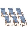 Sötétbarna akácfa kerti szék hatdarabos szettben kék párnákkal AMANTEA_879776