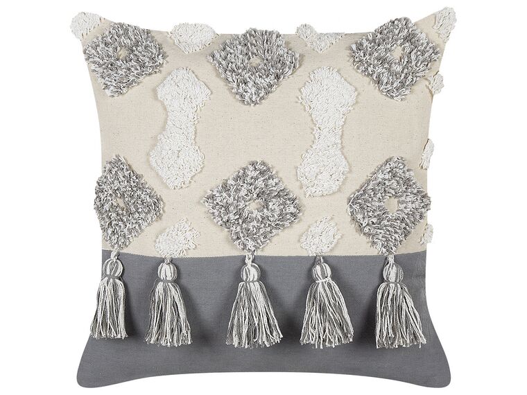 Tufted Cotton Cushion with Tassels 45 x 45 cm Beige and Grey ALOCASIA_835071