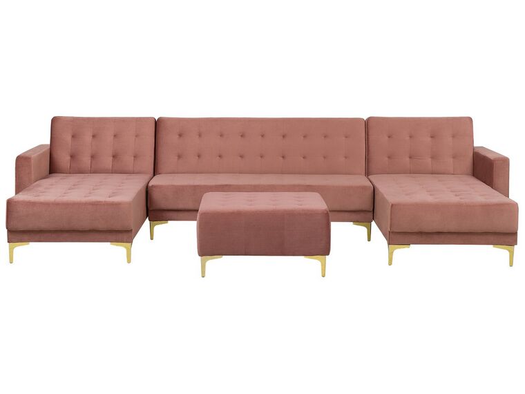 Sofá-cama em forma de U de 5 lugares com repousa-pés em veludo rosa ABERDEEN_736009