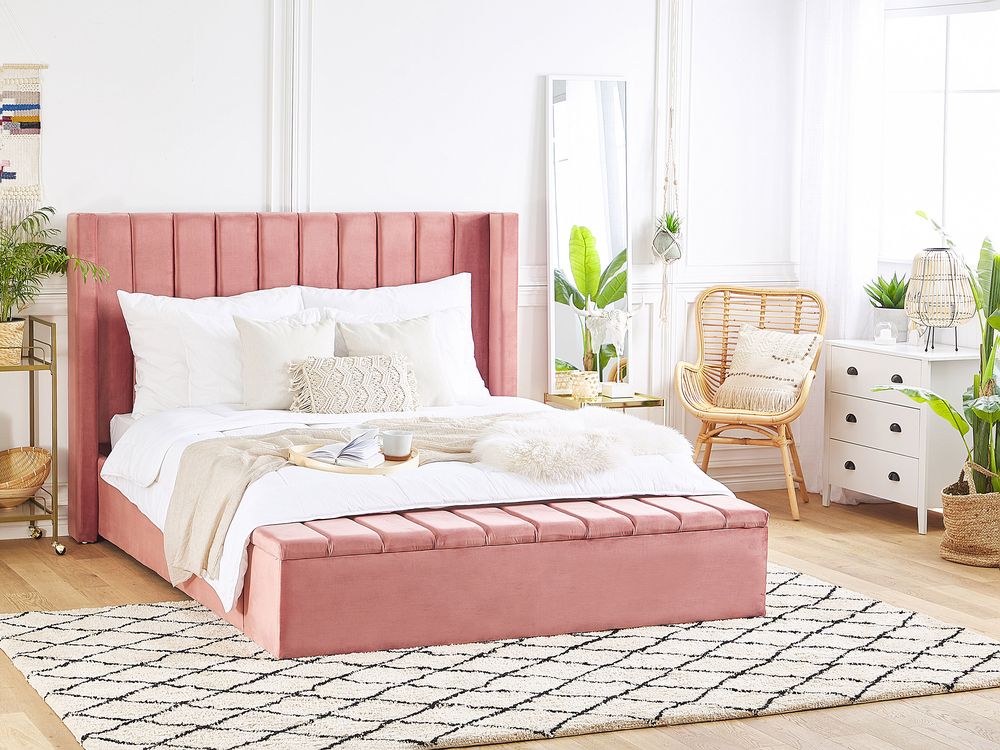 Velvet EU King Size Bed with Storage Bench Pink NOYERS Beliani.co.uk