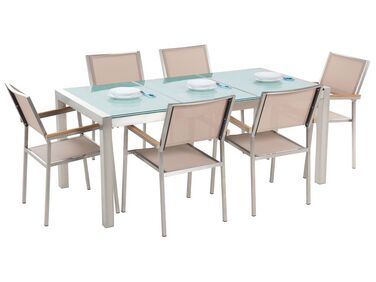 6 Seater Garden Dining Set Triple Plate Cracked Ice Glass Top with Beige Chairs GROSSETO