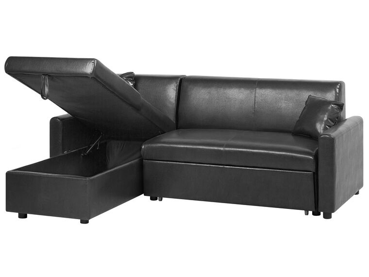 Right Hand Faux Leather Corner Sofa Bed with Storage Black OGNA