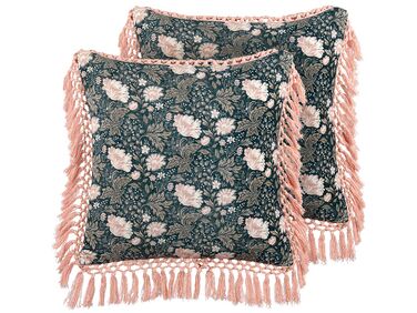 Set of 2 Velvet Cushions Flower Pattern with Tassels 45 x 45 cm Blue and Pink PARROTIA