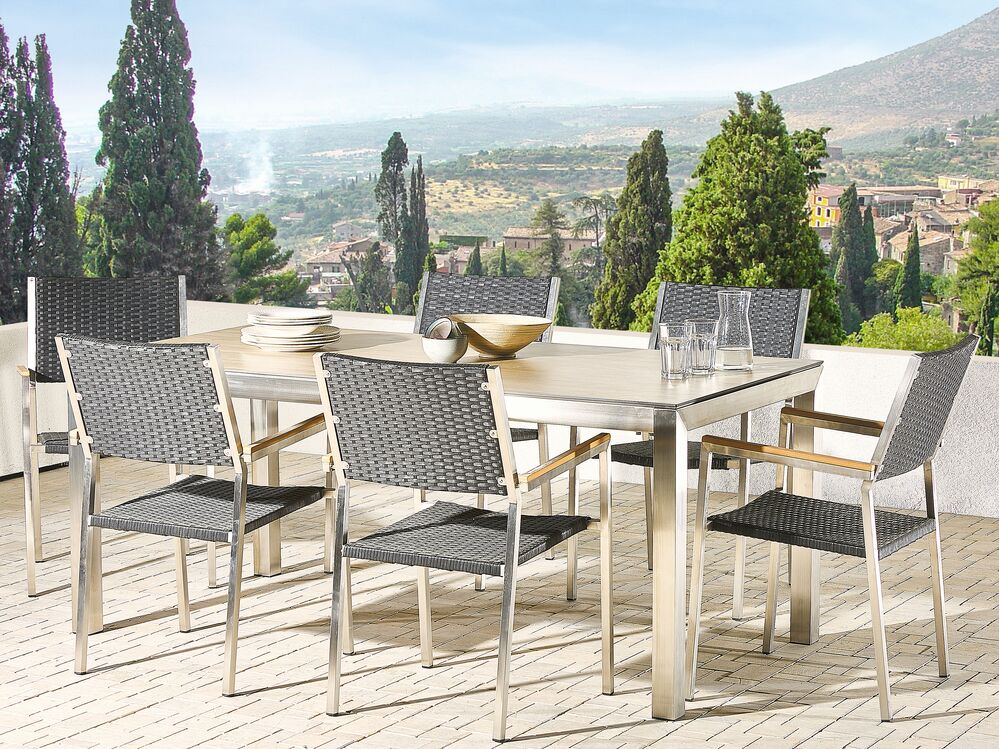 6 Seater Garden Dining Set Oak Veneer HPL Top with Rattan Black Chairs