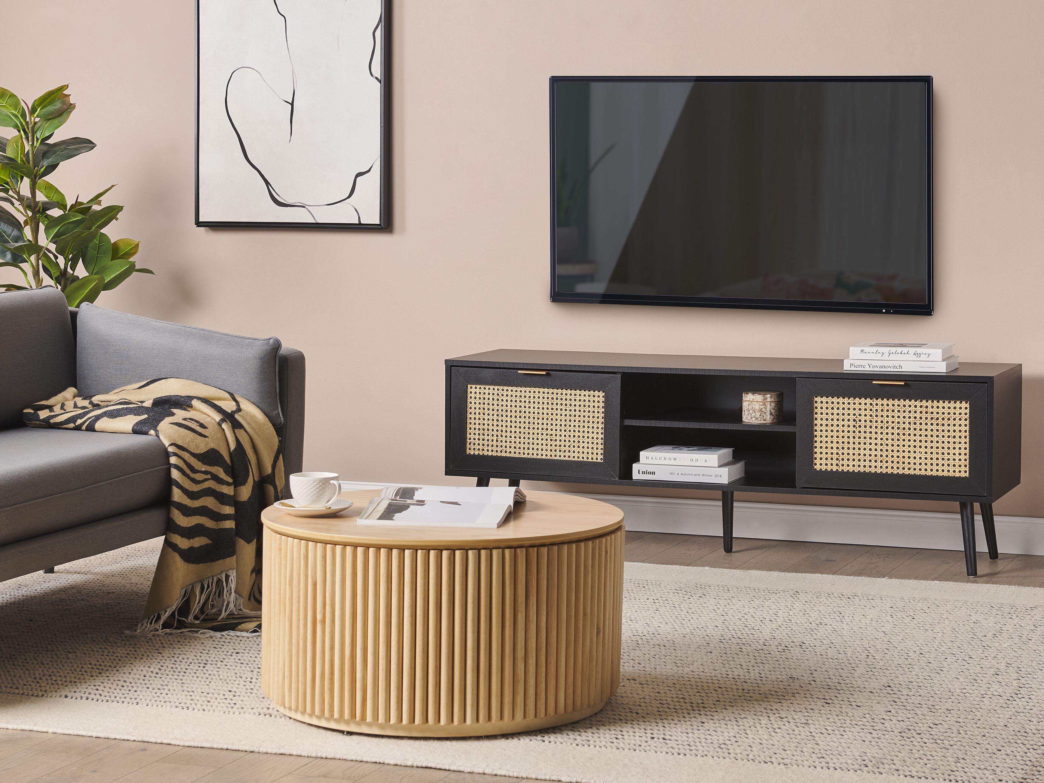 Tv m bel rattan schwarz beige 2 t ren 150 x 40 x 52 cm opoco beliani at