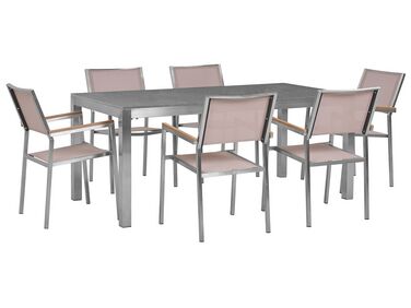 Table de jardin plateau granit gris poli 180 cm 6 chaises textile beige GROSSETO