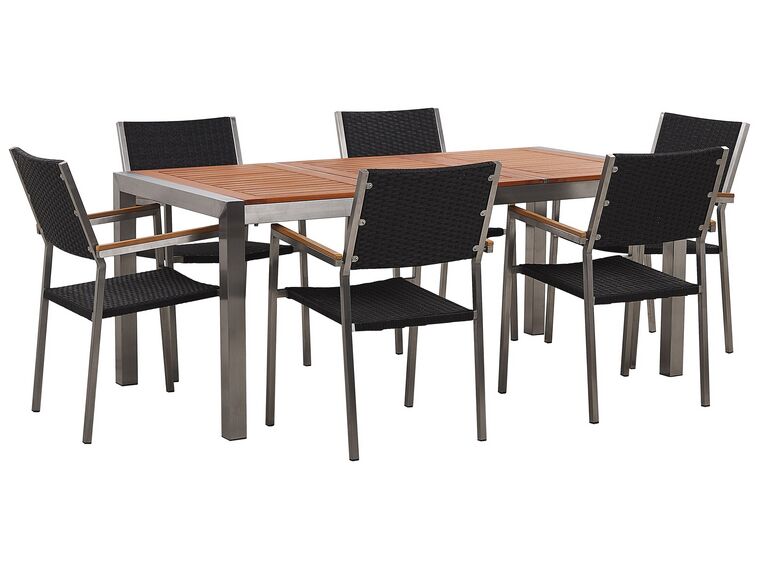 Table de jardin plateau bois eucalyptus 180 cm et 6 chaises rotin noires GROSSETO_768486
