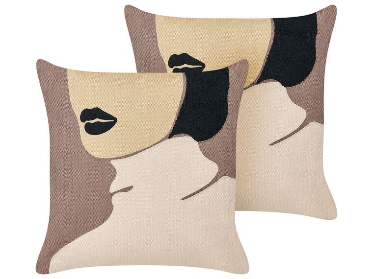 Set of 2 Cotton Cushions Female Motif 45 x 45 cm Brown and Beige SILPHIUM_857864