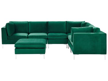 Left Hand 6 Seater Modular Velvet Corner Sofa with Ottoman Green EVJA