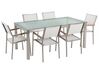 Hatszemélyes étkezőasztal üveglappal és fehér textilén székekkel GROSSETO_725243
