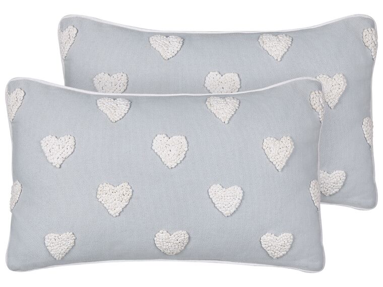 Set of 2 Cotton Cushions Embroidered Hearts 30 x 50 cm Grey GAZANIA_893183