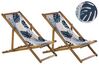 Set of 2 Acacia Folding Deck Chairs and 2 Replacement Fabrics Light Wood with Off-White / Blue Palm Leaves Pattern ANZIO_819585