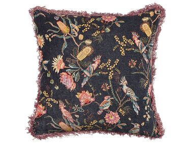 Velvet Fringed Cushion with Flower Pattern 45 x 45 cm Black and Pink MORUS