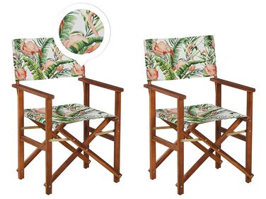 Conjunto 2 cadeiras madeira escura e 2 lonas creme e padrão flamingo CINE