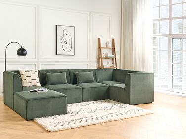 Left Hand 5 Seater Modular Jumbo Cord Corner Sofa with Ottoman Dark Green LEMVIG