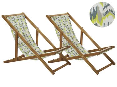 Zestaw 2 leżaków ogrodowych i 2 wymiennych tkanin jasne drewno akacjowe z białym / wzór żółto-szary ANZIO