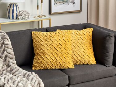 Set of 2 Velvet Pleated Cushions 45 x 45 cm Yellow CHOISYA
