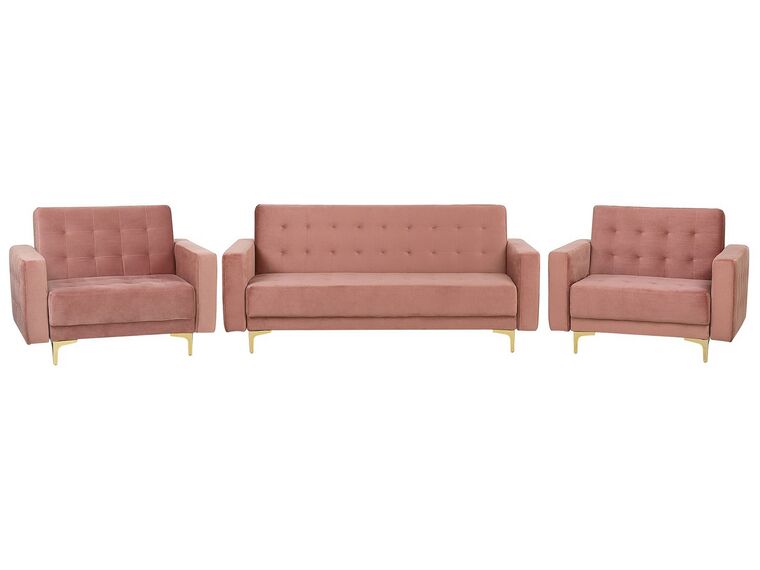 Conjunto de sala de estar 5 plazas de terciopelo rosa/dorado ABERDEEN_750258