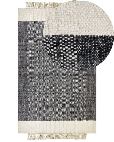 Teppich Wolle schwarz / cremeweiss 140 x 200 cm Streifenmuster Kurzflor ATLANTI
