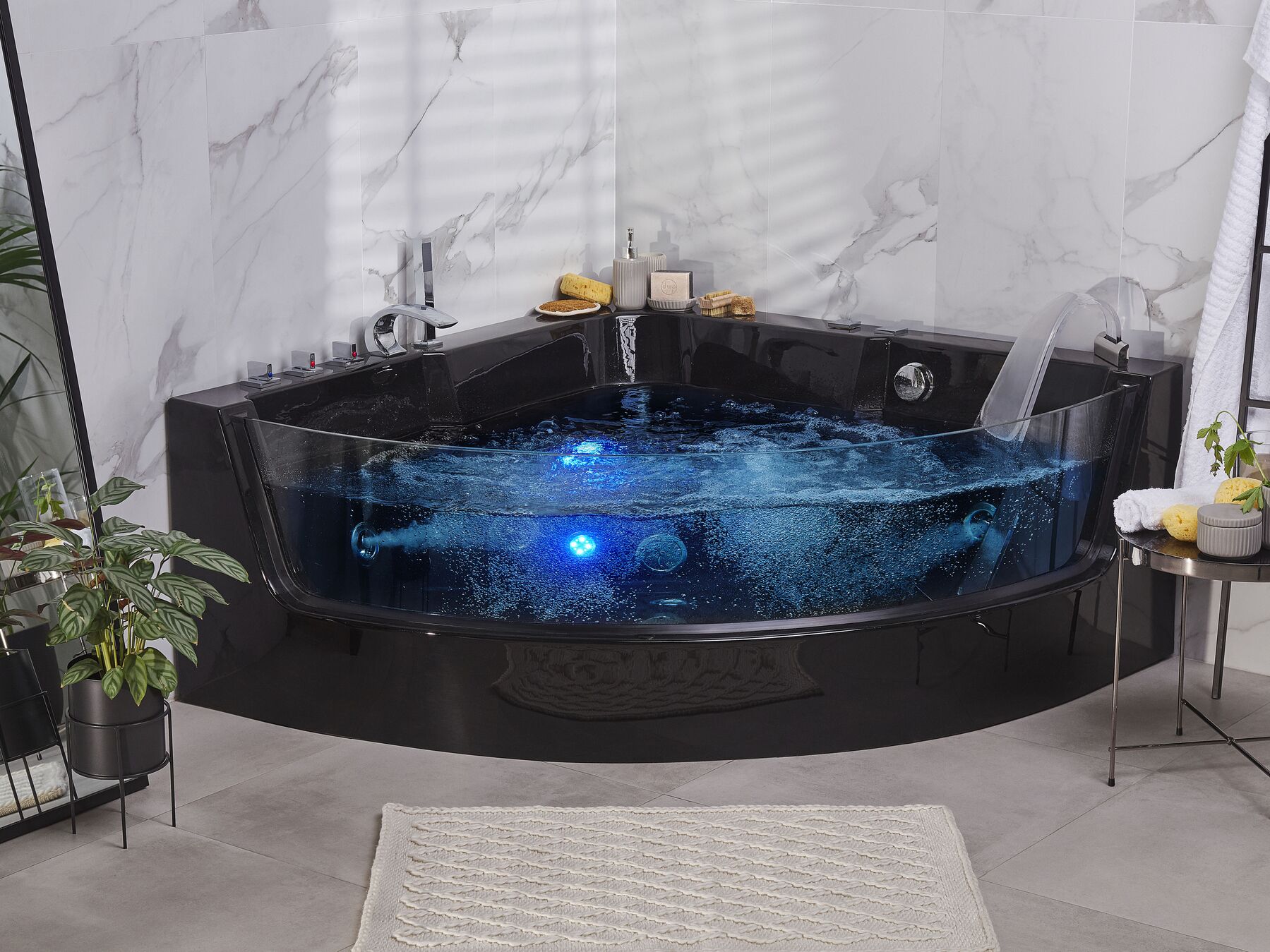 Whirlpool Bath with LED 1350 x 1350 mm Black MARINA Beliani.co.uk