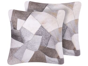 Set of 2 Leather Cushions Patchwork Pattern 45 x 45 cm Grey NEELOOR