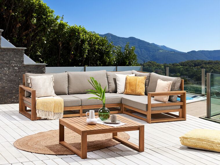 Left Hand 4 Seater Certified Acacia Wood Garden Corner Sofa Set Light