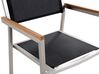 Hatszemélyes étkezőasztal eukaliptusz asztallappal és fekete textilén székekkel GROSSETO_768482