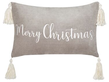 Poduszka dekoracyjna z frędzlami motyw świąteczny welurowa 30 x 50 cm szara LITHOPS