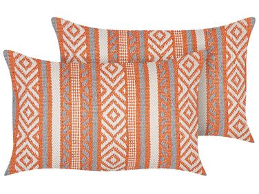 Set of 2 Cotton Cushions Geometric Pattern Orange and White 30 x 50 cm INULA