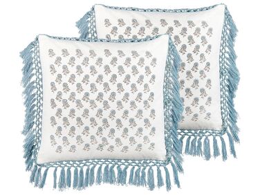Set of 2 Fringed Cotton Cushions Floral Pattern 45 x 45 cm White and Blue PALLIDA