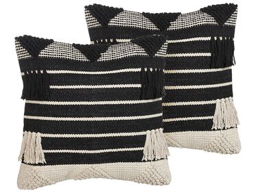 Set of 2 Cotton Cushions Geometric Pattern 50 x 50 cm Beige and Black CHITTOOR