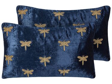 Set of 2 Embroidered Velvet Cushions Dragonfly Motif 30 x 50 cm Navy Blue BLUESTEM