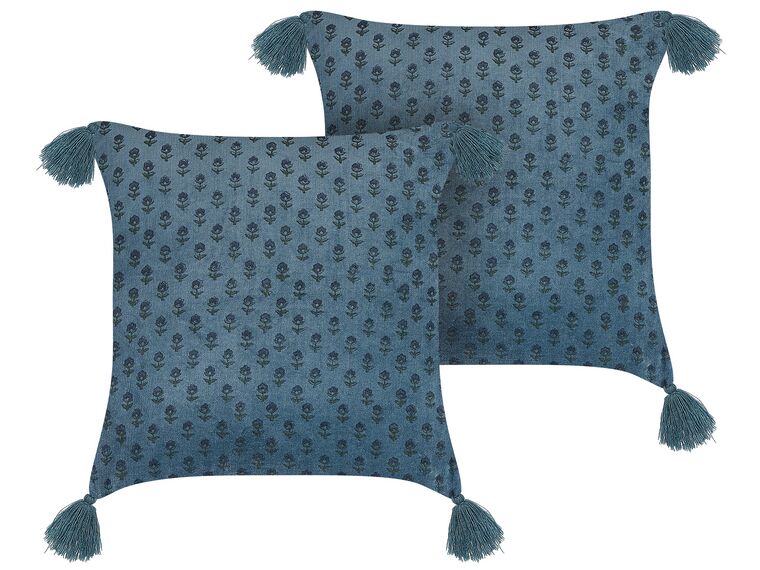 Set of 2 Velvet Cushions Floral Motif with Tassels 45 x 45 cm Dark Blue RIBES_838234