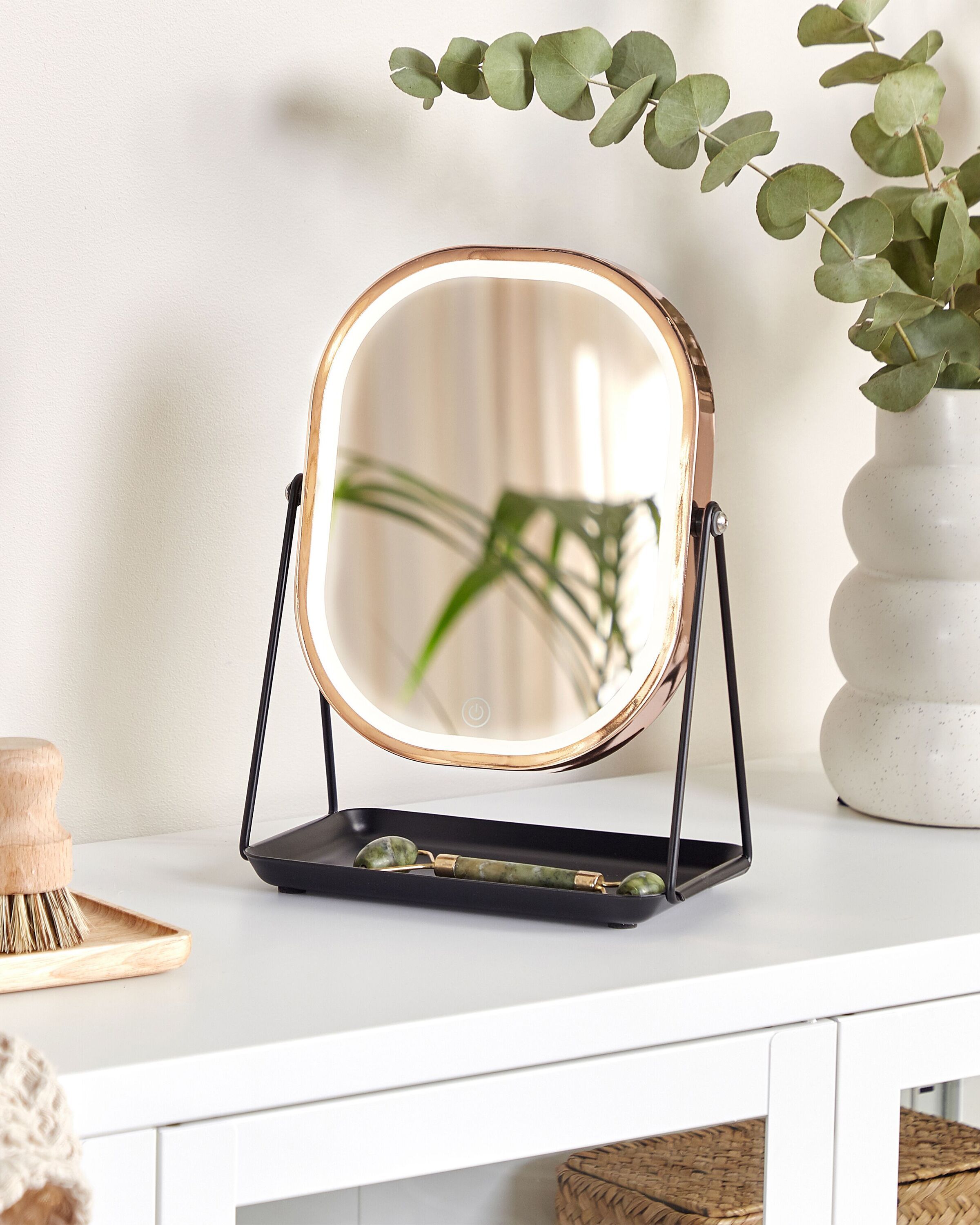 Miroir De Maquillage LED Double Face - Doré, ø18 Cm - Pivotant 360°, Grossissant 5x - Piles AAA